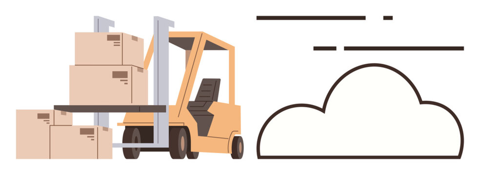 Forklift lifting boxed cargo alongside cloudlines representing data and cloud technology. Ideal for logistics, shipping, storage, cloud computing, digital transformation, warehousing, automation. A