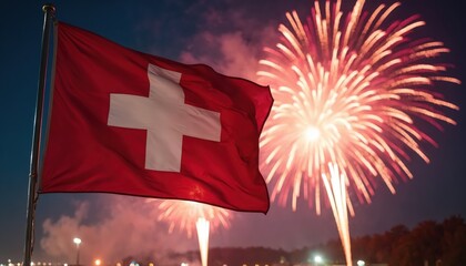 Swiss flag waves with fireworks exploding in night sky. Red and white cross on fabric against colorful pyrotechnic bursts celebrating national event. Patriotic, festive occasion.