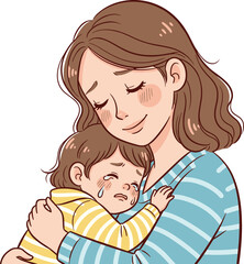 Mother hugging crying child with love, emotional support, family care, parent comforting kid, maternal bond, childhood emotions, tender family moment