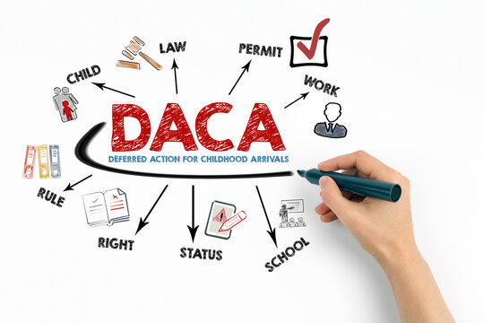 DACA Deferred Action for Childhood Arrivals Concept. Chart with keywords and icons on white background