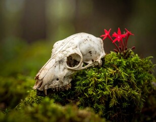 A pale animal skull rests on a bed of lush green moss, with two small red flowers beside it.  Soft light filters through the forest, creating a tranquil, slightly ethereal atmosphere