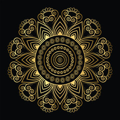 Golden Mandala Vector with Floral and Geometric Ornament on Black Background – EPS Design