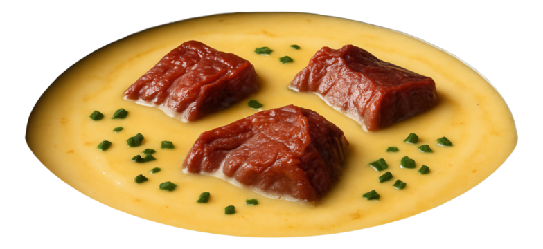Enamelware bowl of ukha with carp slices, diced potatoes, and a floating parsley sprig