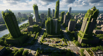 A breathtaking aerial view of a postapocalyptic city, where nature has reclaimed the urban landscape, with lush greenery enveloping the towering skyscrapers