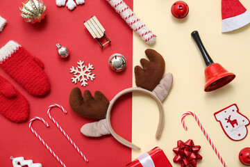 Christmas reindeer antlers headband with decor on color background