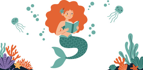 Fantasy mermaid reading book underwater, magical ocean scene, coral reef, jellyfish, whimsical marine life, storytelling illustration, imaginative children artwork