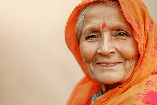 Elderly Indian woman smiling gently, wearing an orange headscarf and bindi, representing happiness and tradition - Powered by Adobe