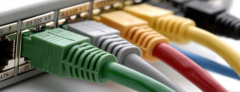 Colorful network cables connect to a switch in an office setting, emphasizing data transfer for efficient communication