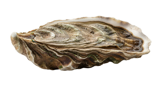 Single fresh oyster shell with intricate patterns isolated on transparent background