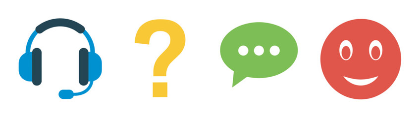 Fototapeta premium Illustration of a blue headset, yellow question mark, green speech bubble, and red happy face icon on a plain background.