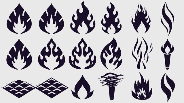 Collection of fifteen stylized flame and fire icons in black silhouette against a white background