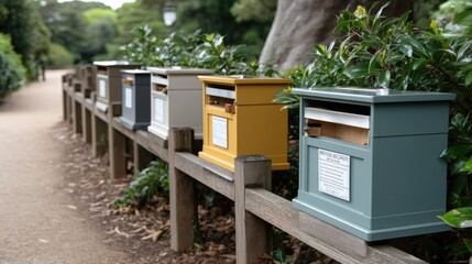 Colorful beehives lining a tranquil path through an old-growth forest surrounded by towering trees and lush greenery captured during daylight hours