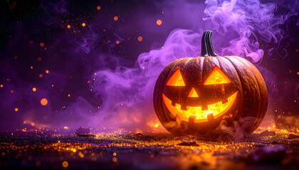 紫の煙に包まれた光るジャックオランタン｜Glowing Jack-o'-Lantern Surrounded by Purple Smoke