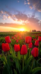 Red tulips blooming in a field during a sunset