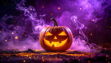 紫の煙に包まれた光るジャックオランタン｜Glowing Jack-o'-Lantern Surrounded by Purple Smoke