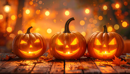 夕暮れに灯る3つのジャックオランタン｜Three Glowing Jack-o'-Lanterns at Sunset