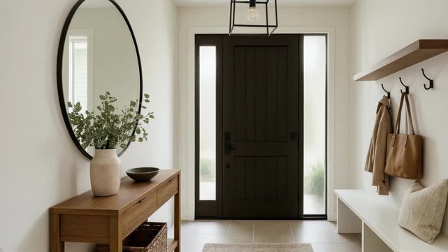 Minimalist entryway with modern decor, featuring a round mirror and wooden accents. Shot from a front angle, ideal for a home decor video. Live desktop wallpaper.