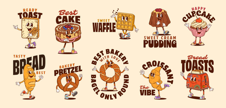 Y2k groovy bakery and dessert stickers. Cartoon vector personages of pastries and confectionery with expressive quirky faces, including toast, cake, waffle, pudding, pretzel, bagel or croissant treats