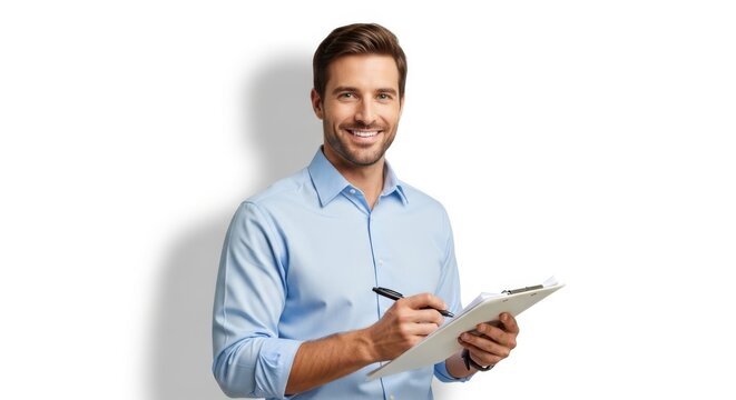 Smiling businessman with pen and clipboard focused on task and notes