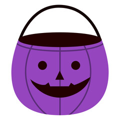 Purple Halloween pumpkin bucket with a smiling jack o lantern face. Perfect for trick or treat, kids holiday decorations, party invitations, autumn celebration graphics and seasonal crafts.