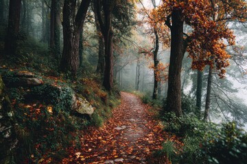 Obraz premium Pathway winds through a misty forest with vibrant autumn foliage, leaves litter the ground, light shines through the trees during daytime in the wilderness