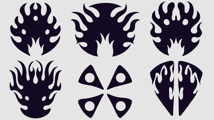 Illustration of abstract flame designs with various shapes and arrangements on a light background
