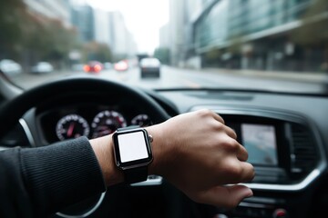 Smartwatch Mockup in Car with Hand on Steering Wheel