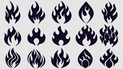 Collection of fifteen flame icons in various shapes and sizes on a white background design element