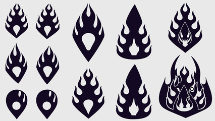 Collection of stylized flame designs in black with varying shapes and internal details present here