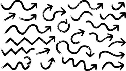 Collection of hand drawn black arrow illustrations pointing in various directions with different shapes and styles