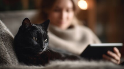 A black cat sits calmly on the couch while a woman holds a tablet. The black cat and the woman share a cozy moment together on the comfortable couch.