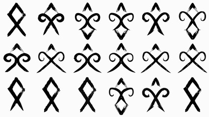 Collection of eighteen stylized black symbols with rough brush stroke textures on a white background