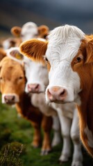 Close-up of expressive cows in an open field showcasing their unique characteristics and depth at a distance