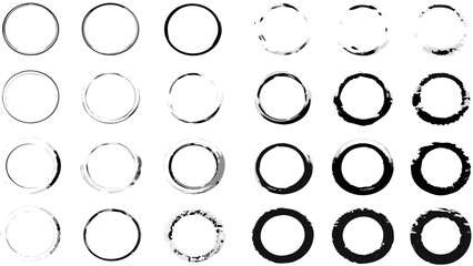 Collection of twenty four circular shapes with varying line thickness and texture in black and white