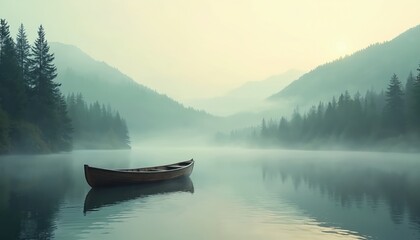 Fototapeta premium Wooden boat rests quietly on calm lake water. Fog covers distant mountains, dense pine forest background. Peaceful early morning scene with reflective water surface. Creates still wilderness