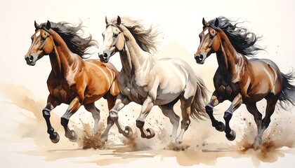 Watercolor painting of three galloping horses in motion