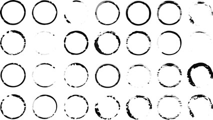 Collection of thirty distressed black circle shapes arranged in a grid pattern on white background