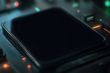 Blank screen on a high tech device creating space for custom content, surrounded by abstract glowing digital elements