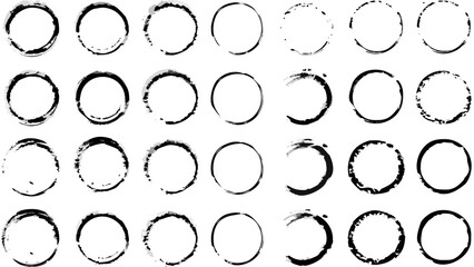Collection of thirty five black circle stain marks arranged in a grid pattern on white background
