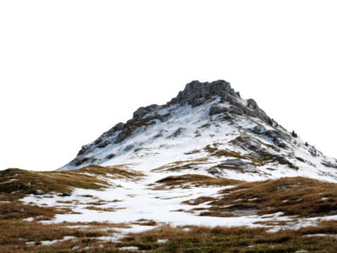 Snow capped mountain peak in summer landscape with grassy foreground on a transparent background, cut out