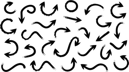Collection of various hand drawn black arrows pointing in different directions on a white background design