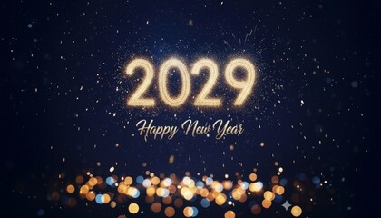 A festive Happy New Year 2029 greeting. The year 2029 is written in golden sparkles, with bokeh lights on a dark blue background. An elegant and celebratory design.