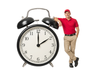 Smiling delivery man leaning on a giant vintage alarm clock, symbolizing fast, punctual service and time management, isolated on white