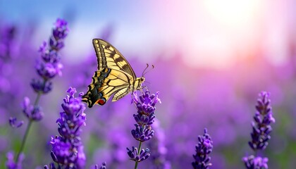 Butterfly on lavender field at sunset