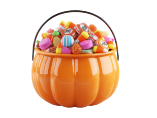 Colorful candy filled pumpkin container for Halloween celebration on a transparent background, cut out