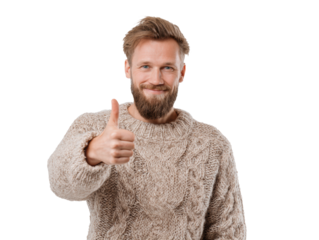 Happy man giving thumbs up wearing cozy sweater in bright setting on a transparent background, cut out