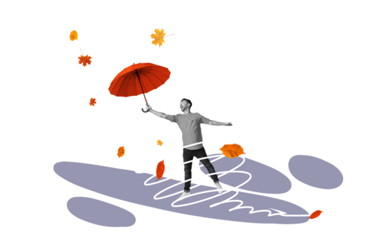 Composite photo collage of happy guy hold umbrella windy weather cyclone dry leaves maple foliage isolated on painted background