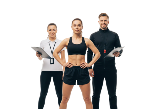 Confident female athlete standing with hands on hips, flanked by her male and female coaches holding clipboards, isolated on white.

 - Powered by Adobe