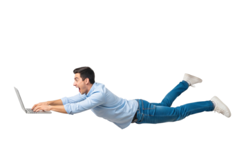 happy young man with laptop and flying