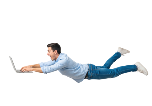 happy young man with laptop and flying